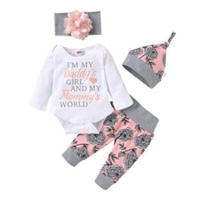 4PCS Newborn Baby Girls Outfits Clothes Romper Bodysuit Pants+Headband+Hat Set