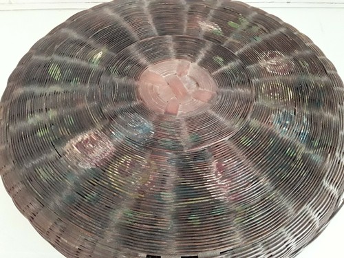 Vtg Hand Painted Round Brown Wicker Sewing Basket Lid w Faded Roses Cottagecore - Picture 2 of 10
