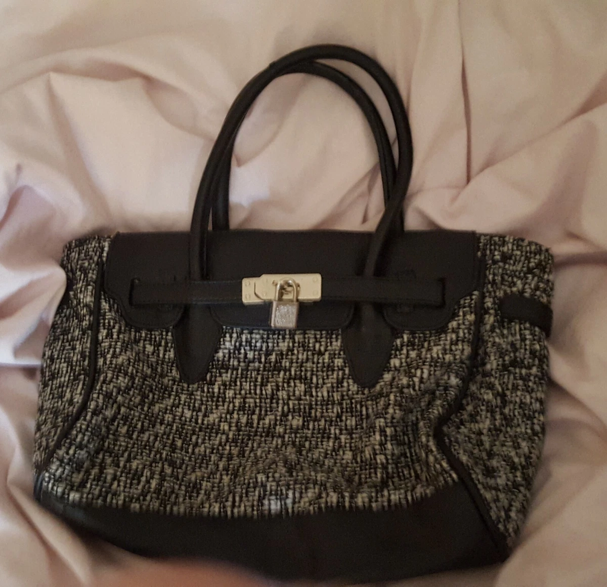 Small Grab Bag Style Handbag Herringbone Fabric Mix with faux padlock to front