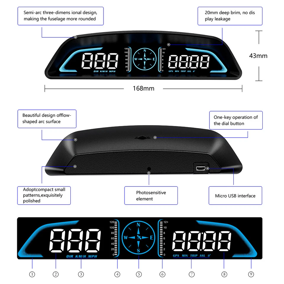 Velocímetro digital para carro head up display GPS alarme de aviso de excesso de velocidade medidor HUD  - Imagem 2 de 4