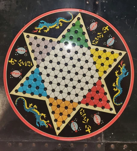Vintage Metal Tin Ohio Art Chinese Checkers Game Blue Dragons N/Marbles Checkers