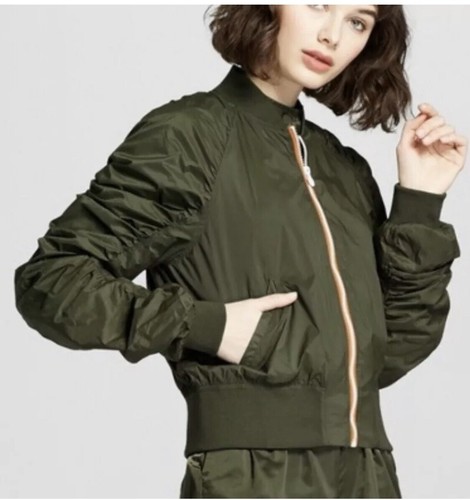 Olive-Rushed Sleeve Bomber Jacket Sz 