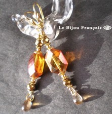 Boucles D'oreilles Clou Rétro Pampille Cabochon Orange Or Poli - Occasion