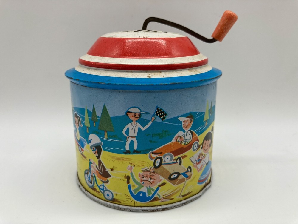 Vintage Musical Tin Toy Music Box Winding Handle Motor Racing Scene Cars Bikes