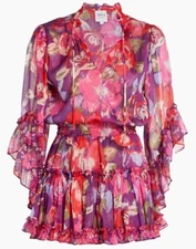 Misa Los Angeles Ximena Pink Floral Ruffle Mini Chiffon Dress Size S NWT $350
