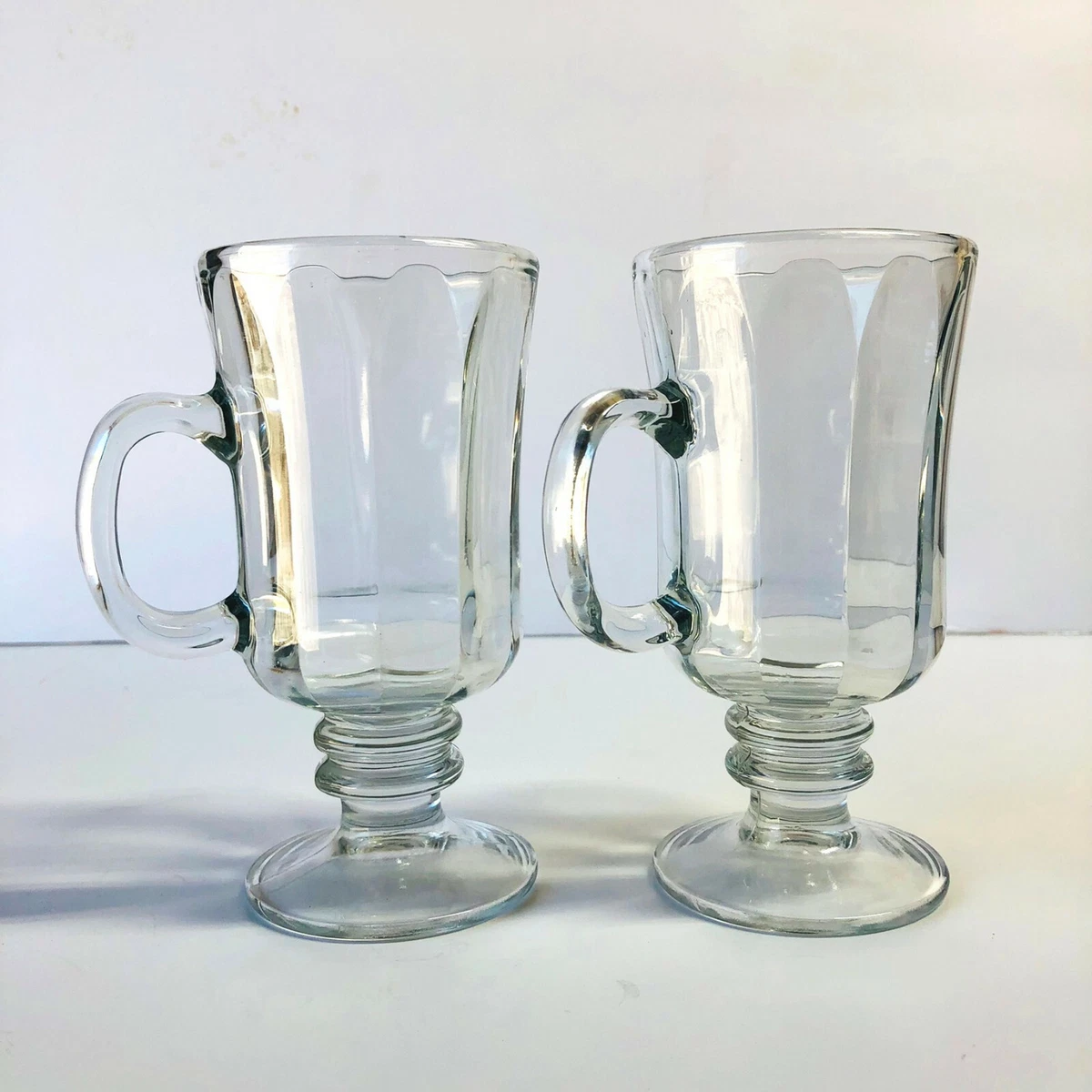 Irish Coffee Mugs Fluted Crystal Clear Glass 8 oz Handle Footed Pedestal  Base