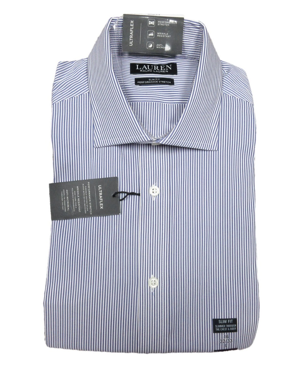 Lauren Ralph Lauren Men's Blue Stripe Slim Fit Performance Stretch Dress Shirt Lauren Ralph Lauren Men's Blue Stripe Slim Fit Performance Stretch Dress Shirt
