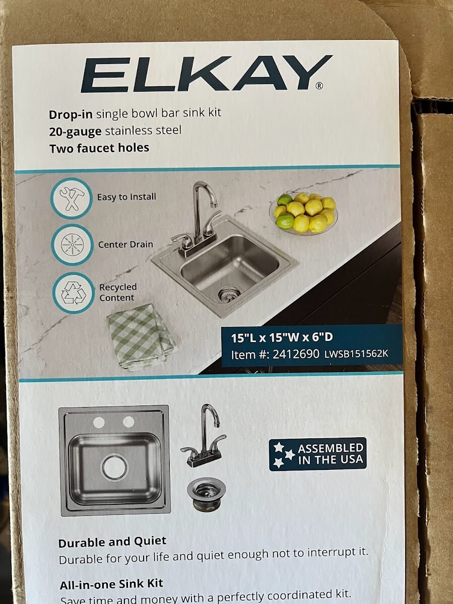 Elkay Bar Sink Kit 15"x15"x6" Deep with Faucet and Drain 2412690