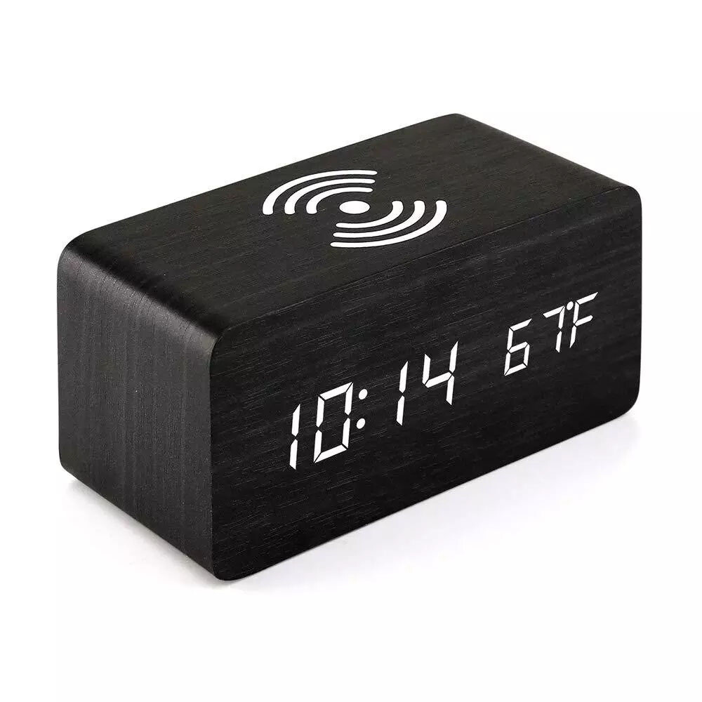 Modern Wooden Wood Digital LED Desk Alarm Clock Thermometer Qi Wireless Charger