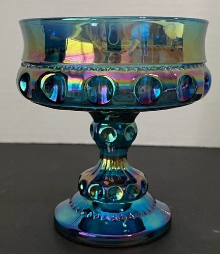 Vintage 1950’s, Blue Carnival Kings Crown Glass Compote Pedestal Bowl