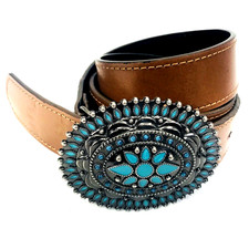 Faux Turquoise Buckle Leather Belt Concho Cabochon S M Brown Western 26-32