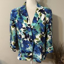 DressBarn Women Blue Green Abstract Floral Textured Blazer Jacket 3/4 Sleeves L