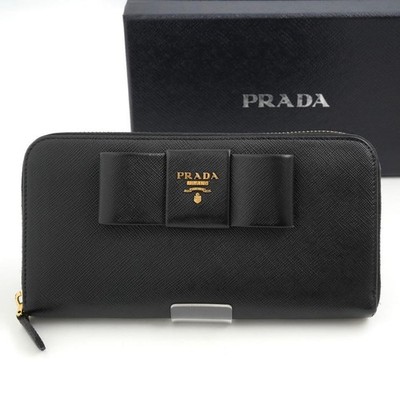 PRADA Fiocco Saffiano Leather Ribbon Round Fastener Long Wallet Black mint gift