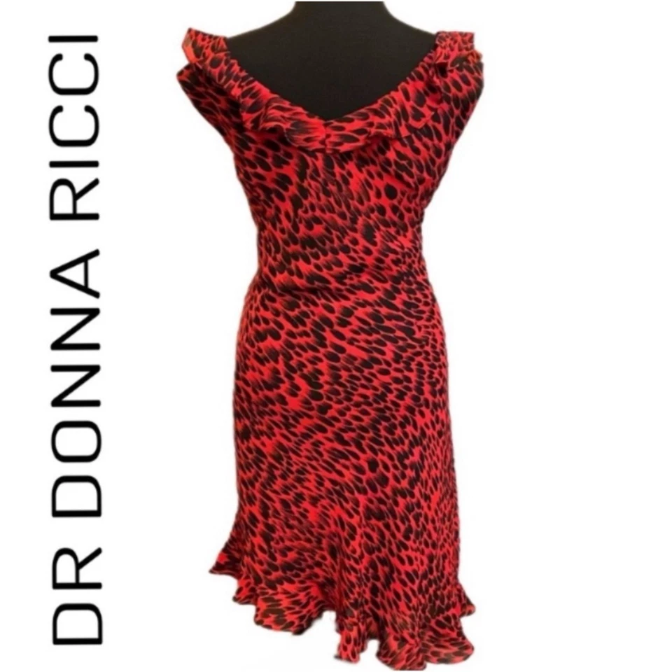 Vestido DR Donna Rocco Rojo Negro Cuello en V Sin Mangas Talla 14 Dobladillo Asimétrico Foto 2 de 4