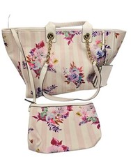Nine West White & Pink Striped Floral Tote w/Wristlet & Change Purse