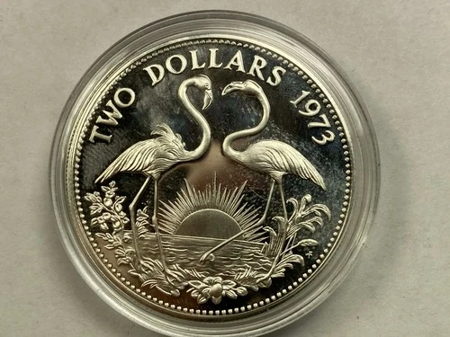 Pristine 1973 Bahamas Flamingo Proof $2 Coin - .925  Silver