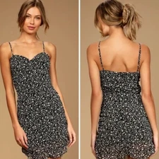 Lulu's Walk the Walk Floral Print Ruched Bodycon Mini Black Floral Dress Size M