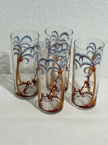 Vintage MCM Federal Glass Co. PALM TREES High Ball Glasses SWINGING MONKEYS (4)