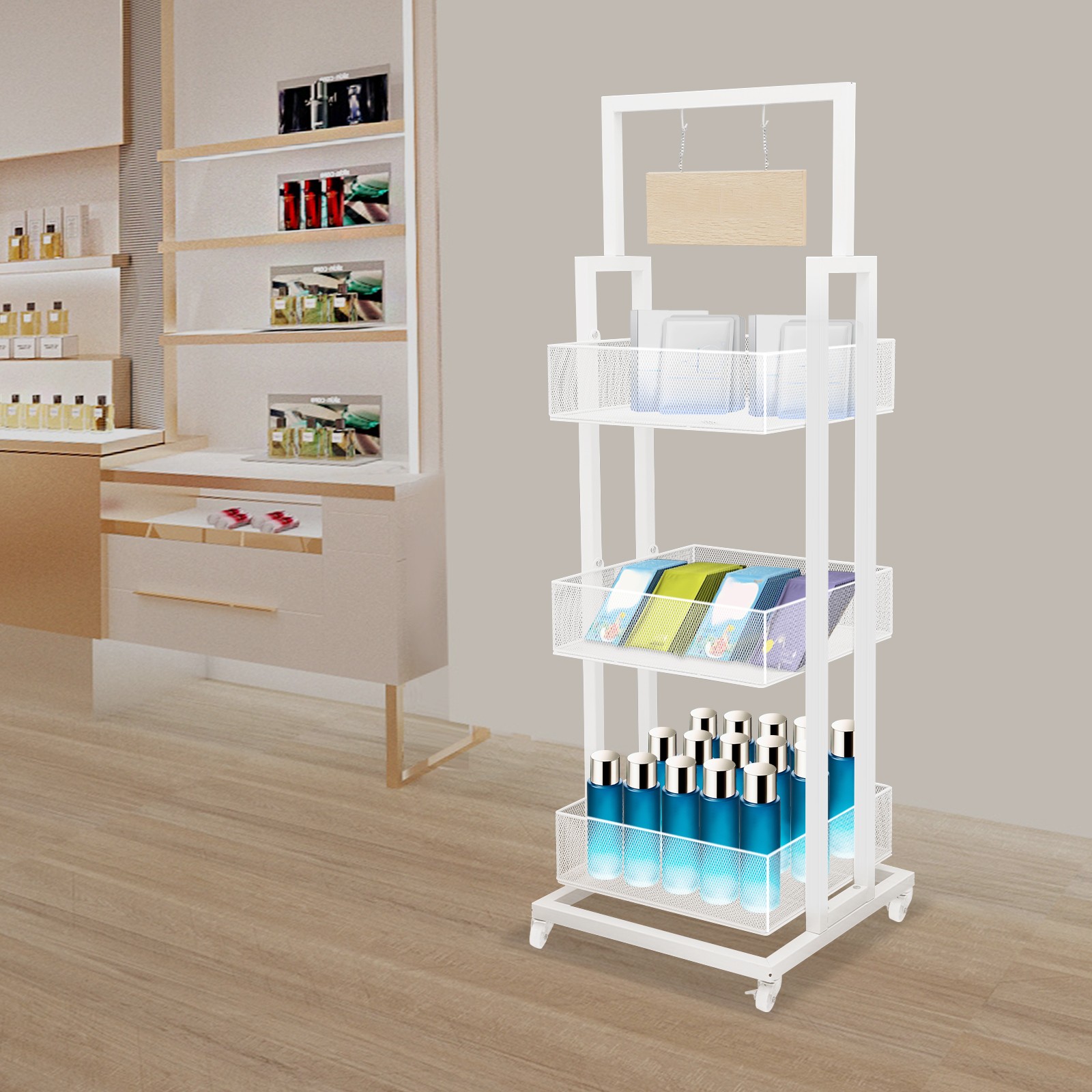 Retail Display Stand, Storage Shelf with Wheels Store Display Shelving Organizer