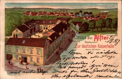 LITHO GRUSS AUS ALFTER RHEIN SIEG KREIS GASTHAUS ZUR DEUTSCHEN KAISERHALLE 1908 - Bild 1 von 2