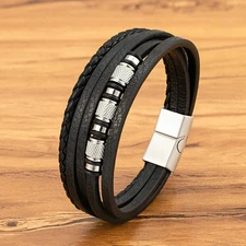 Leather Bracelet Multi-Layer Band Handmade Button Stainless Steel Unisex