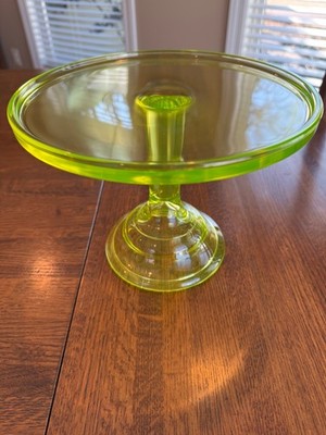 Uranium Vaseline Glass Cake Plate Stand 7 1/4'' H x 9 3/8'' Diameter NICE