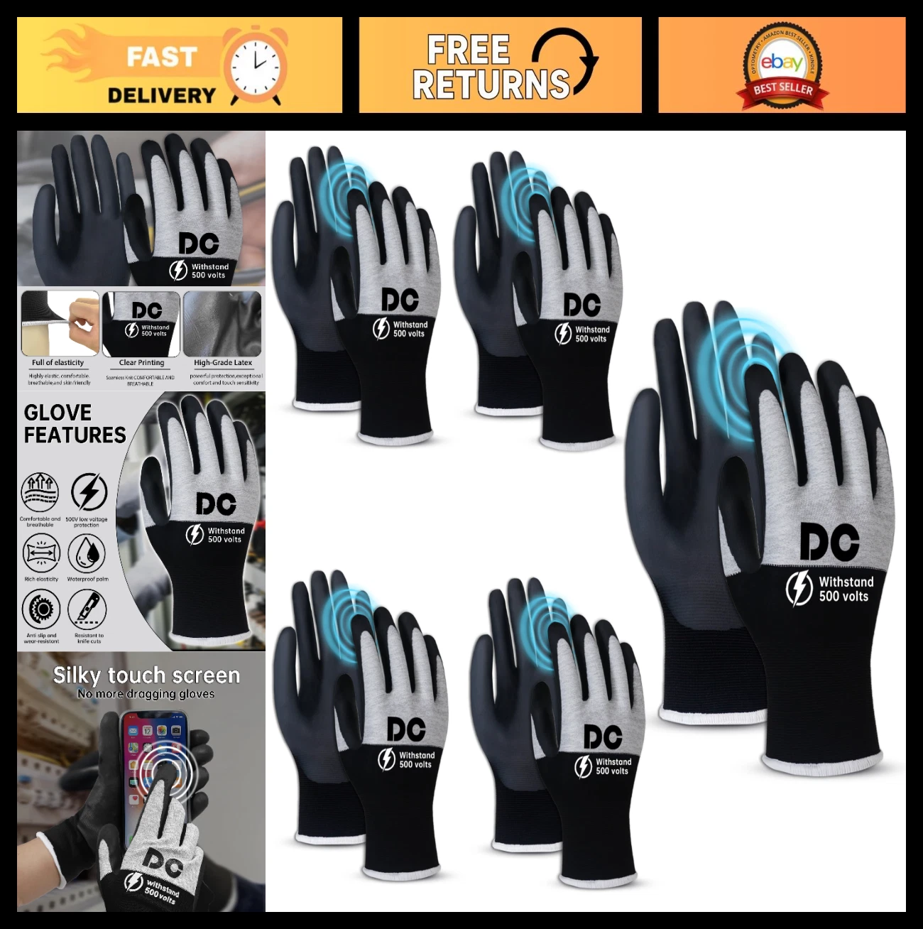 5 Pairs Insulated Electrician Gloves 500V Touch-Screen Flame Retardant Work Glov