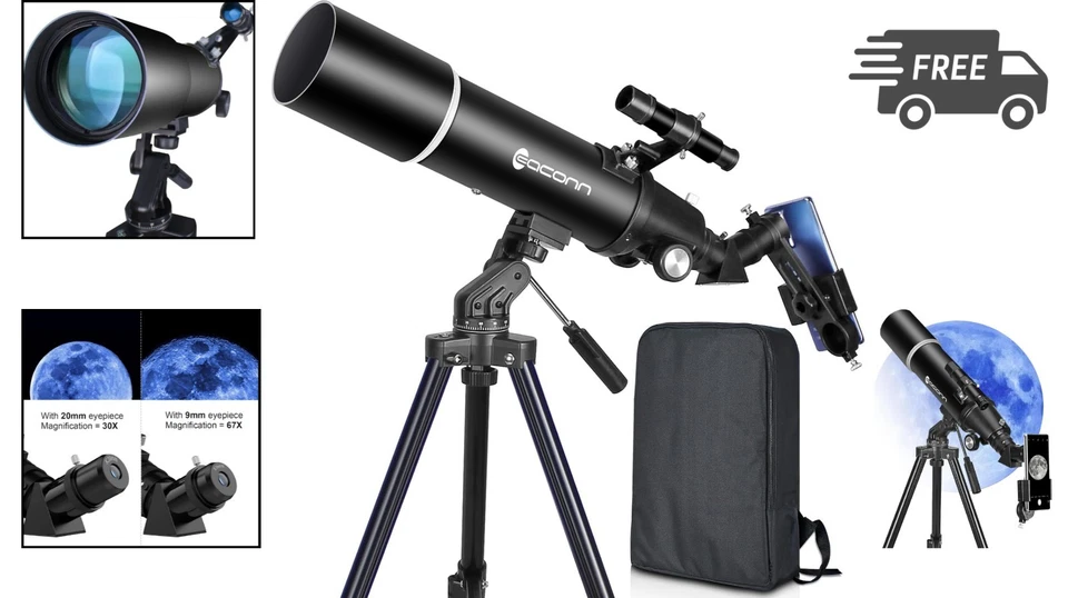 80mm Astronomy Telescope Refractor Portable Travel Kit for Beginners Kids - Image 2 of 4