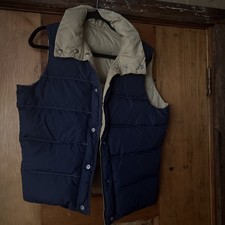 1970s Comfy Down Puffer Vest Camel Brown Nav Blue Reversible Snap USA Goose Down