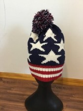 Unisex Patriotic Beanie Hat Pom Pom Blue/Red/White Acrylic One Size