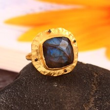 Natural Labradorite Gold Plating Unisex Ring, 925 Sterling Silver Handmade Ring