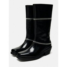 NWT Zara Black ZIPPERED LEATHER Mid Calf Boots EU 36 US 6 Black Bloggers Fave
