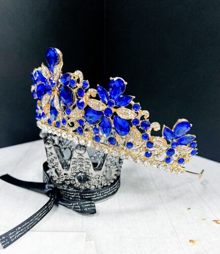 Blue Crystal Tiara, Bridal Wedding Crown, Gold Prom Tiara, Quinceanera Crown - Picture 3 of 9