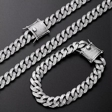 12MM White Gold Plated Iced CZ Out Miami Cuban Link Bracelet  Chain Combo Set