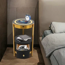 Smart Led Bedside Table Nightstand Sofa Round End Table with Drawer Bedroom 110V