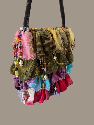 Vintage Mary Frances Velvet Burnout Fringe Boho Beads Handbag