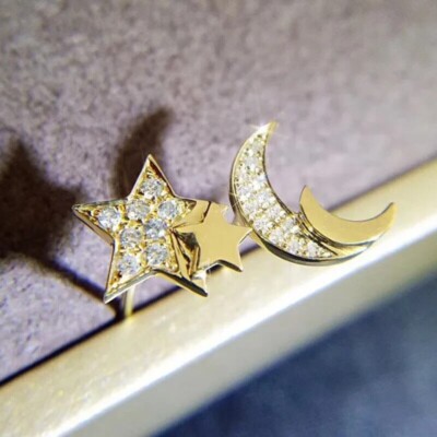 Round Simulated Diamond Women's Moon Star Stud Earrings 14K Yellow Gold Plated
