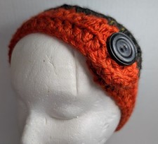 Adjustable Chunky Crochet Ear Warmer Headband Orange And Brown With Button