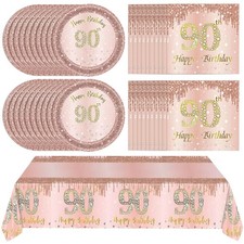 41 PCS 90th Birthday Decorations Rose Gold Party Plates Napkins Tablecloth Set