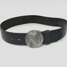 Buffalo Nickel Belt Mens Medium Black Leather Western Coin Buckle Vintage Style