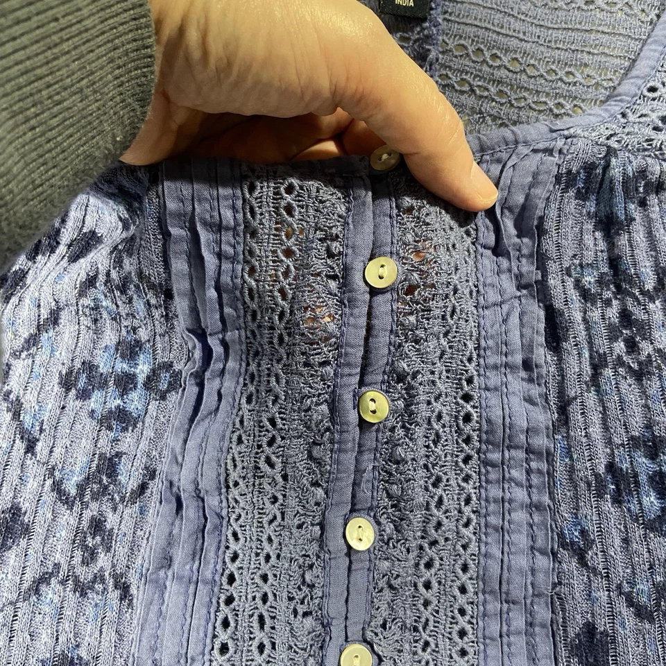 Blusa Lucky Brand manga longa malha detalhe de renda camponesa azul feminina L boho romântica - Imagem 4 de 4