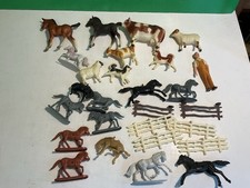 Lot Of Vintage Plastic Farm Animals Cows Horses Farmer Fences Dogs Toys