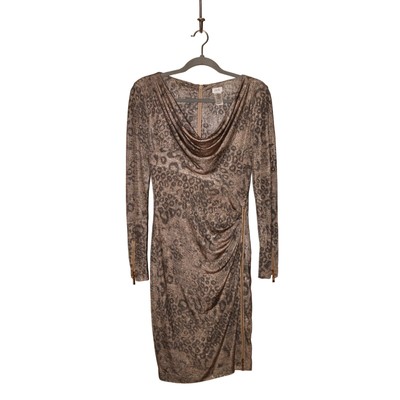 CACHE $178 Gold Gray Shimmer Animal Print Cowl Neck Sheath Dress Small