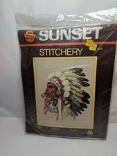 NEW VTG 1977 SUNSET Stitchery Kit "INDIAN CHIEF" 2220 16x20 100 Wool