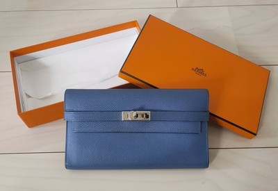 HERMES Kelly Wallet Long Wallet navy orange Veau Epsom Leather Silver Hardware