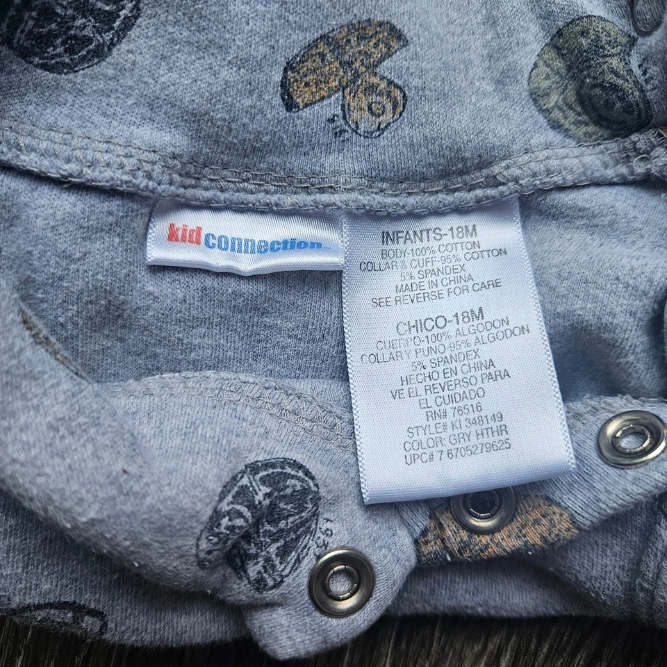 Kid Connection Gray Football Helmet Turtle Neck Long Sleeve Baby Bodysuit 18M - Image 3 of 4