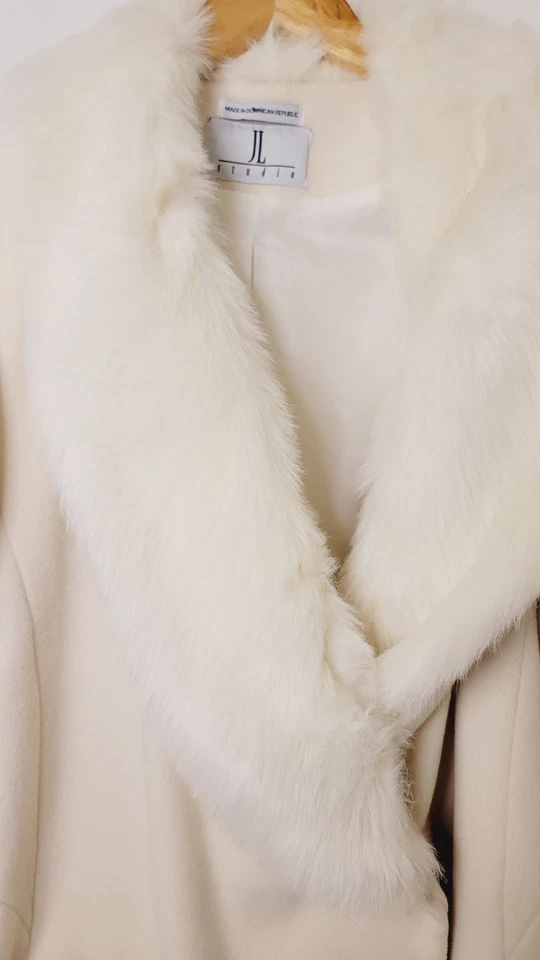 Женская длинная шерсть пальто мех отделки двубортный слоновой кости зимнее пальто большой 16 Вт - Изображение 3 из 4