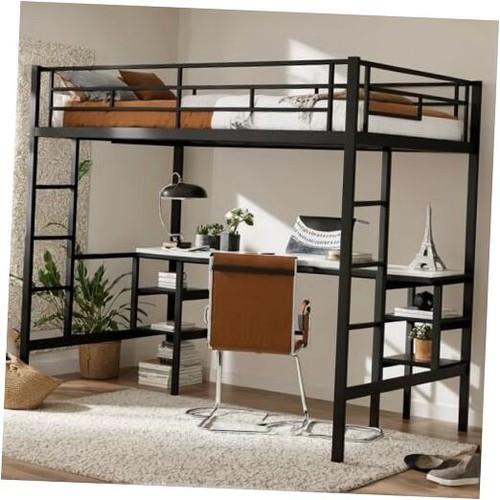 Twin Size Loft Bed with Desk and Shelves, Heavy Duty Metal with Built-in 2