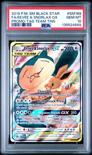 2019 POKEMON SM BLACK STAR PROMO #SM169 FULL ART/EEVEE & SNORLAX GX PSA 10