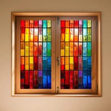 Window Privacy Film Rainbow Mosaic Stained Glass Window Film Decorative Stati...